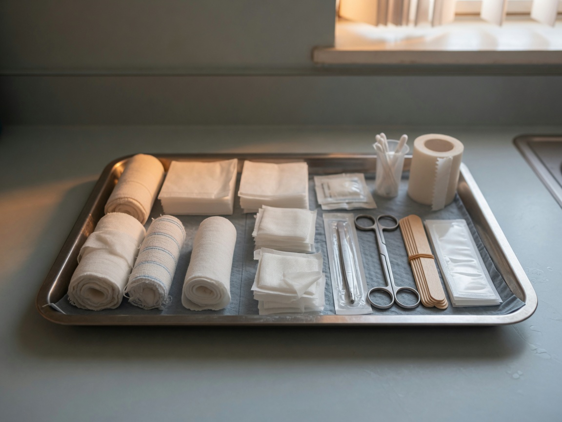 A neatly organized wound care supply tray with clean bandages and dressing tools on a tidy clinical counter, calm consultation setting, no faces visible.