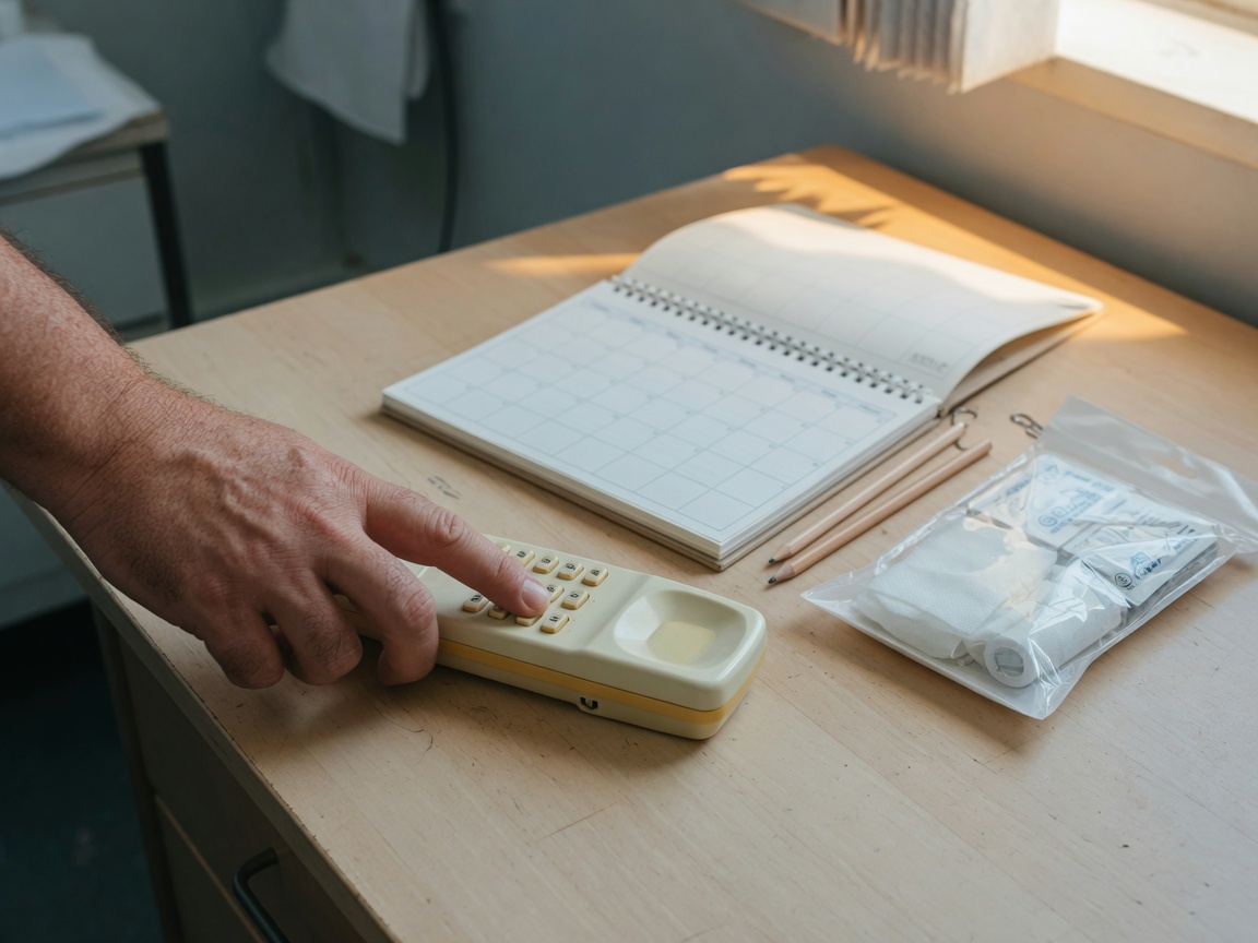 A hand dialing a phone call next to an open appointment calendar on a clean desk, calm clinical setting, no faces visible.