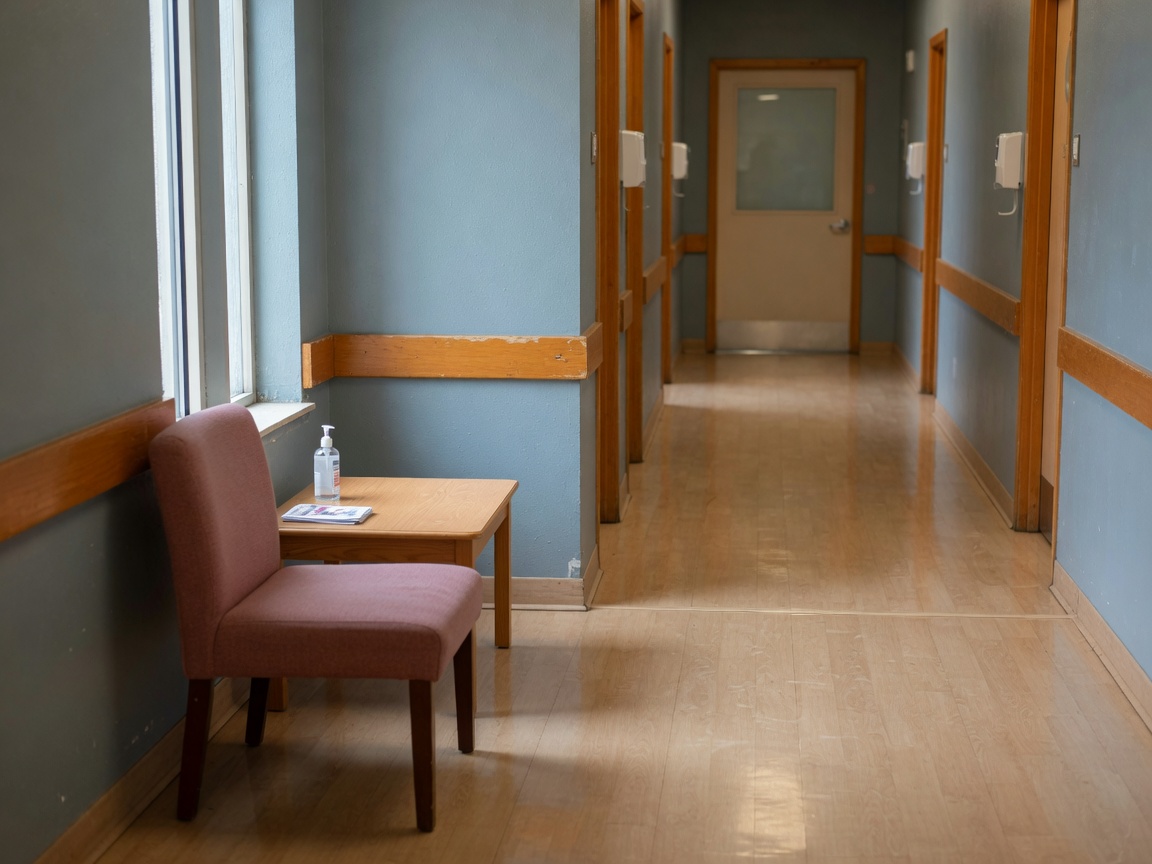 Bright, spotless wound care clinic reception corridor with soft window light and a clean upholstered waiting chair, no people visible.
